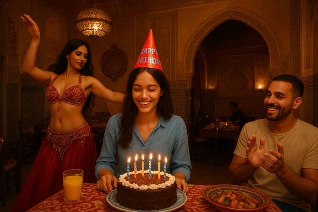 Birthday cake with lit candles in front of a woman and guests in a Moroccan riad