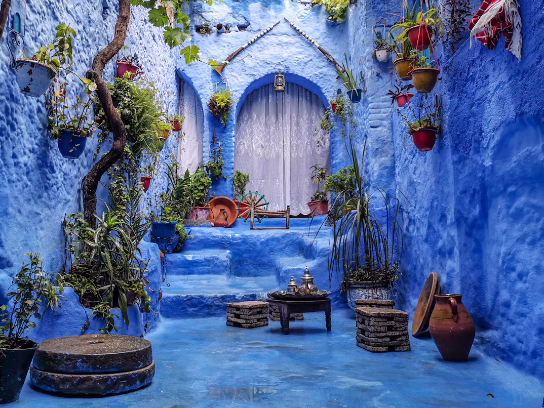 Blue courtyard and potted plants in Chefchaouen Morocco